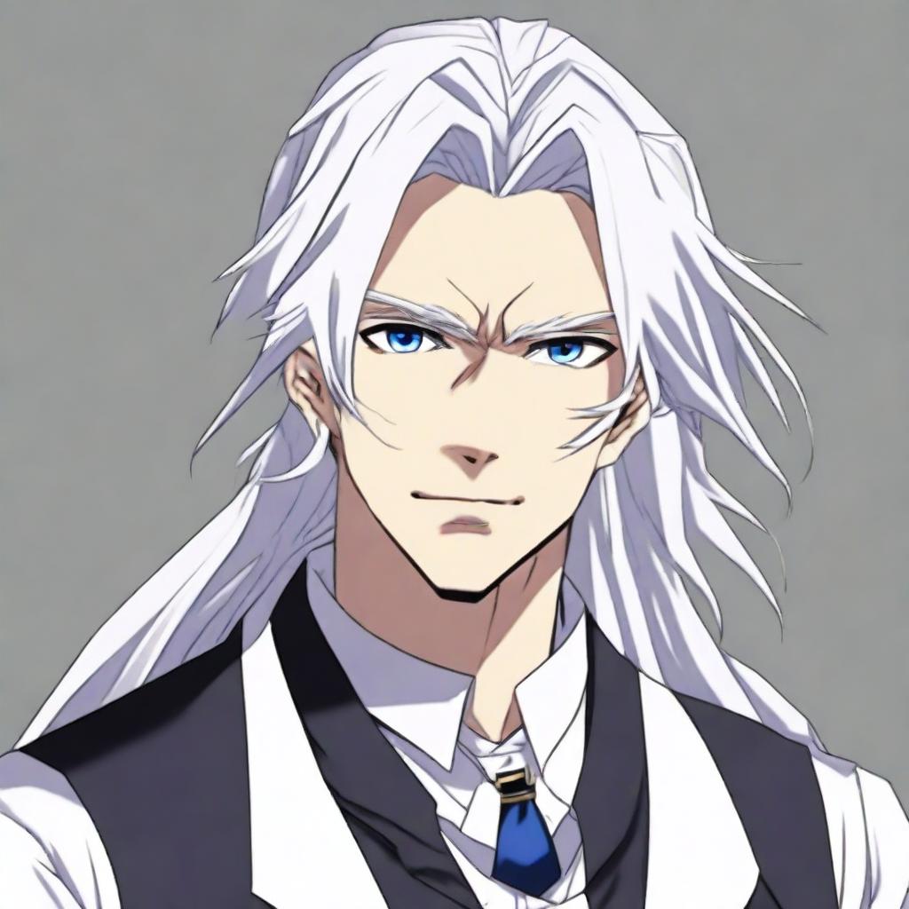 Create an anime character: a man with long white hair tied in a ponytail