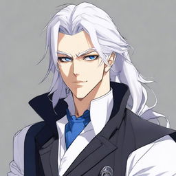 Create an anime character: a man with long white hair tied in a ponytail