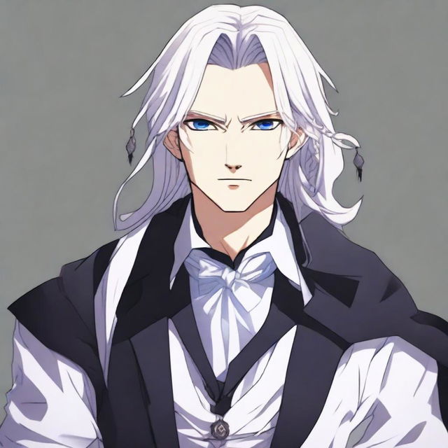 Create an anime character: a man with long white hair tied in a ponytail