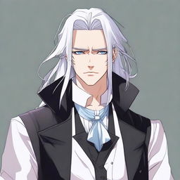 Create an anime character: a man with long white hair tied in a ponytail