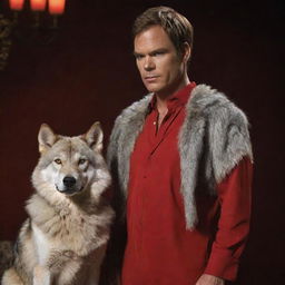 Dexter Morgan from the series 'Dexter', dressed in his usual forensic analyst outfit, standing beside a majestic furry wolf adorned in a vibrant red dress.