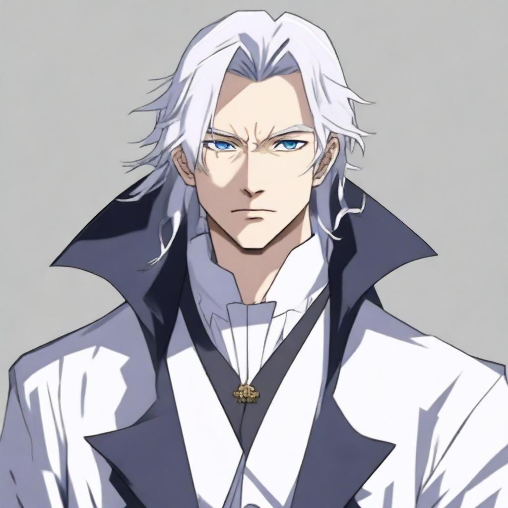 Create an anime character: a man with long white hair tied in a ponytail