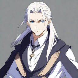 Create an anime character: a man with long white hair tied in a ponytail