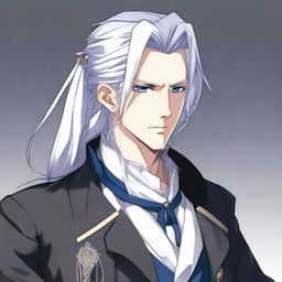 Create an anime character: a man with long white hair tied in a ponytail