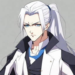 Create an anime character: a man with long white hair tied in a ponytail