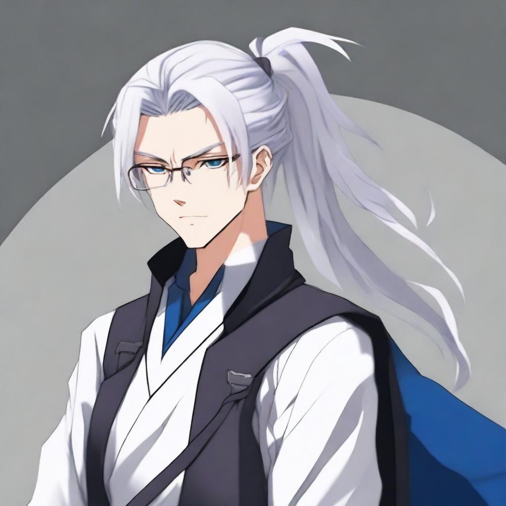 Create an anime character: a man with long white hair tied in a ponytail