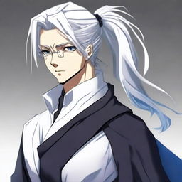 Create an anime character: a man with long white hair tied in a ponytail