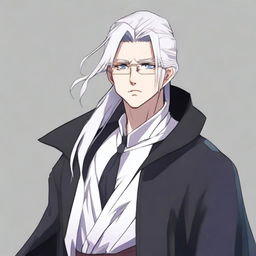 Create an anime character: a man with long white hair tied in a ponytail