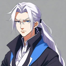 Create an anime character: a man with long white hair tied in a ponytail