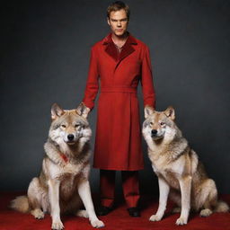 Dexter Morgan from the series 'Dexter', dressed in his usual forensic analyst outfit, standing beside a majestic furry wolf adorned in a vibrant red dress.