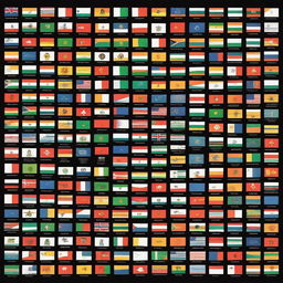 Against a black background, display small flags of all 195 countries that exist today