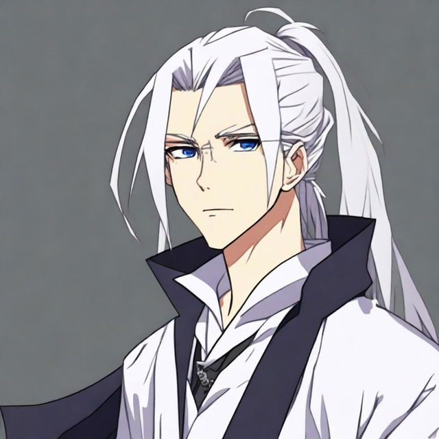 Create an anime character: a man with long white hair tied in a ponytail