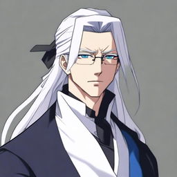 Create an anime character: a man with long white hair tied in a ponytail