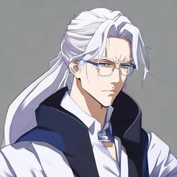 Create an anime character: a man with long white hair tied in a ponytail