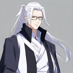 Create an anime character: a man with long white hair tied in a ponytail