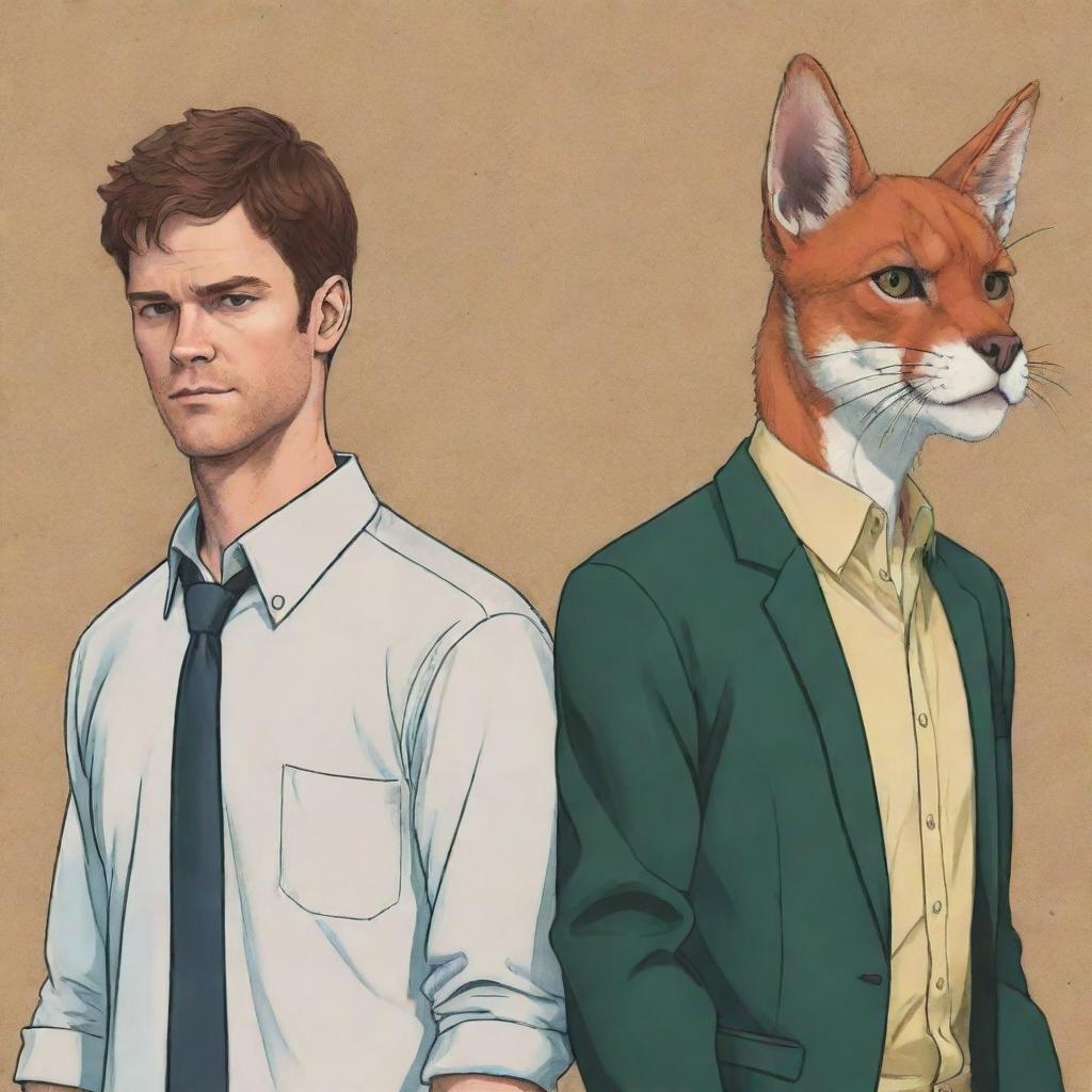 A hybrid illustration of Dexter Morgan from Dexter, and Juno from Beastars, standing side by side in their most iconic postures, capturing their respective series' aesthetics