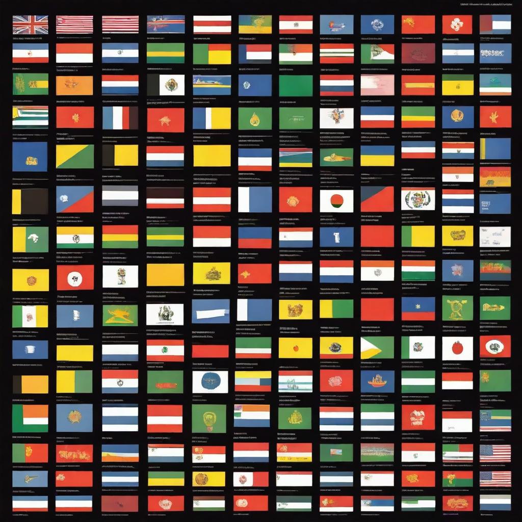 On a black background, display small flags of all 195 countries that exist today, with one flag representing each country