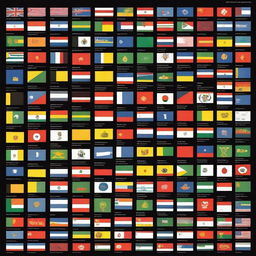 On a black background, display small flags of all 195 countries that exist today, with one flag representing each country