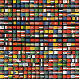 On a black background, display small flags of all 195 countries that exist today, with one flag representing each country