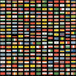 On a black background, display small flags of all 195 countries that exist today, with one flag representing each country