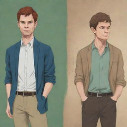 A hybrid illustration of Dexter Morgan from Dexter, and Juno from Beastars, standing side by side in their most iconic postures, capturing their respective series' aesthetics