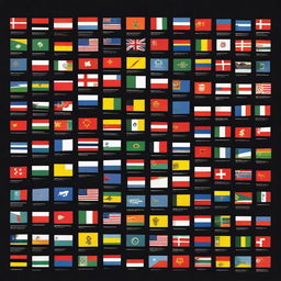 On a black background, display small flags of all 195 countries that exist today