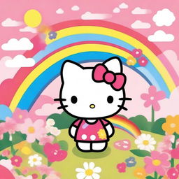 A cute and adorable Hello Kitty character standing in a colorful and cheerful environment, surrounded by flowers and rainbows