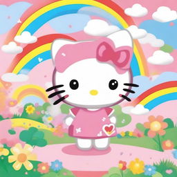 A cute and adorable Hello Kitty character standing in a colorful and cheerful environment, surrounded by flowers and rainbows