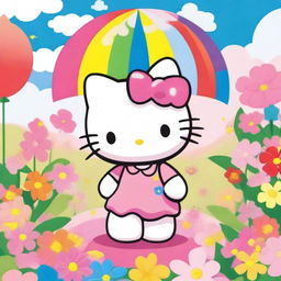 A cute and adorable Hello Kitty character standing in a colorful and cheerful environment, surrounded by flowers and rainbows