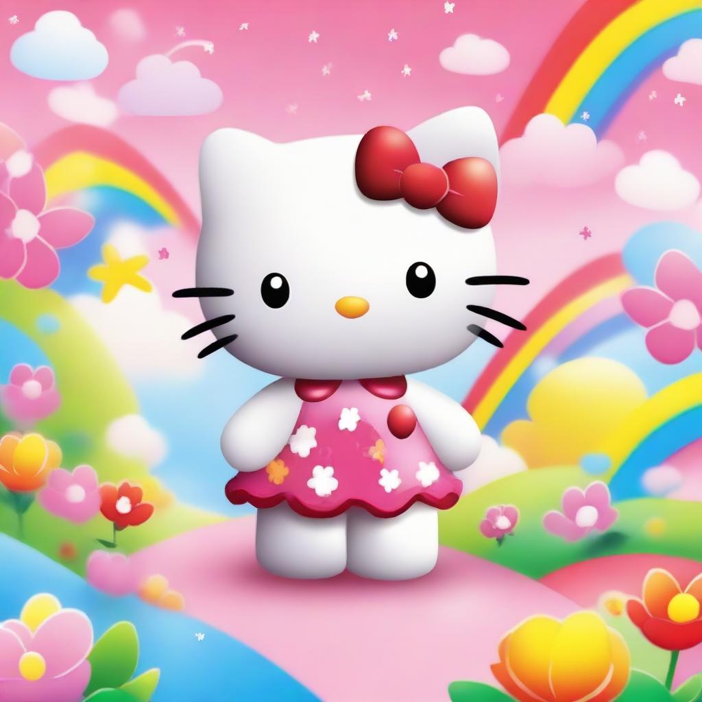 A cute and adorable Hello Kitty character standing in a colorful and cheerful environment, surrounded by flowers and rainbows