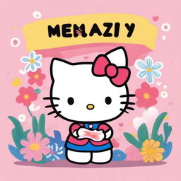 A cute and charming illustration of Hello Kitty holding a sign that says 'IRENE'