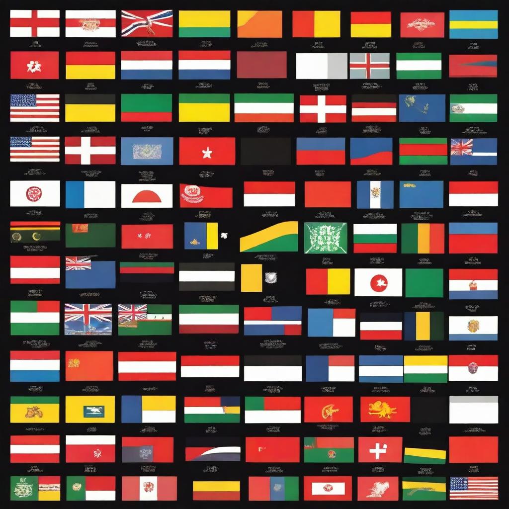 On a black background, display the flags of 195 current countries