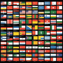 On a black background, display the flags of 195 current countries