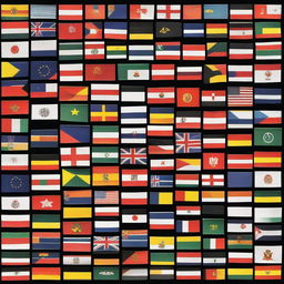 A collection of 195 small flags representing current countries, displayed on a black background