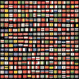 A collection of 195 small flags representing current countries, displayed on a black background