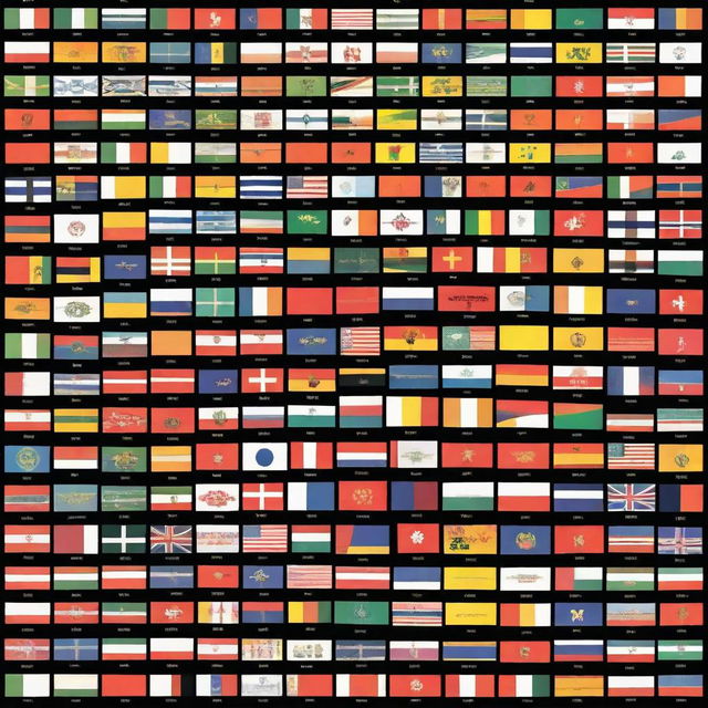 A collection of 195 small flags representing current countries, displayed on a black background