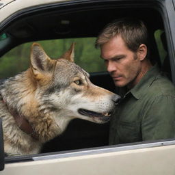 Dexter Morgan, the forensic expert, clandestinely observing a hybrid wolf from the interior of a vehicle.