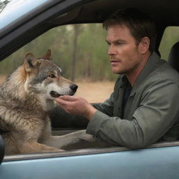 Dexter Morgan, the forensic expert, clandestinely observing a hybrid wolf from the interior of a vehicle.