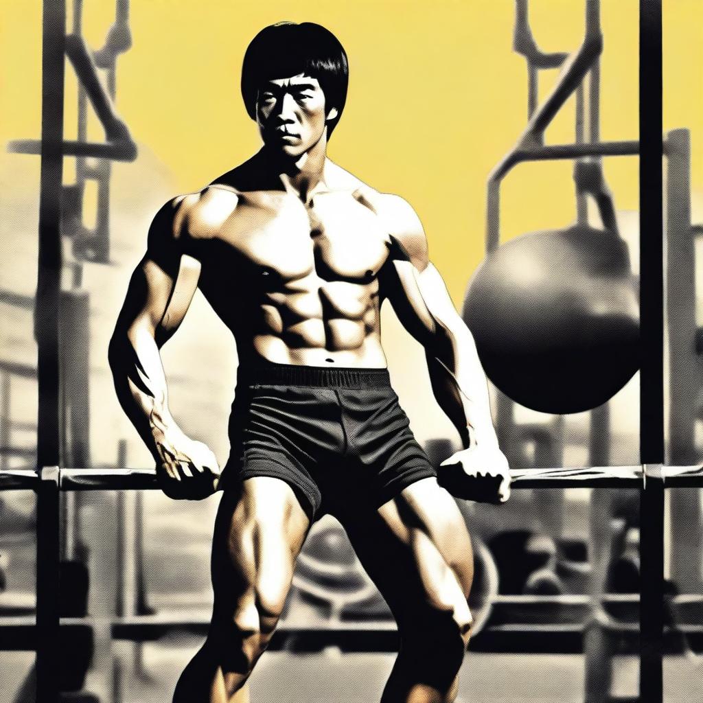 A highly detailed image of Bruce Lee as a bodybuilder, showcasing his muscular physique