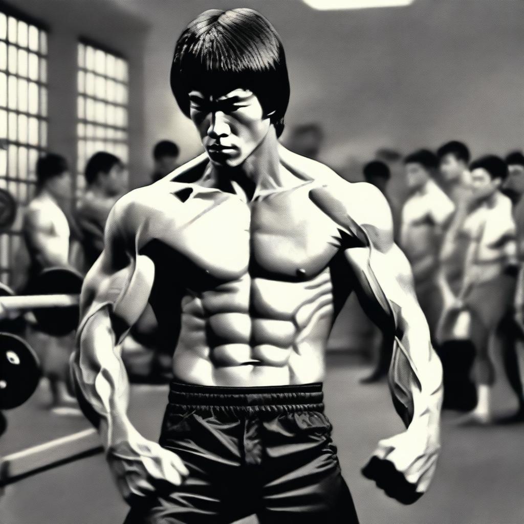 A highly detailed image of Bruce Lee as a bodybuilder, showcasing his muscular physique