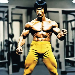 A highly detailed image of Bruce Lee as a bodybuilder, showcasing his muscular physique