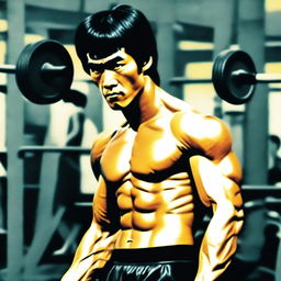 A highly detailed image of Bruce Lee as a bodybuilder, showcasing his muscular physique