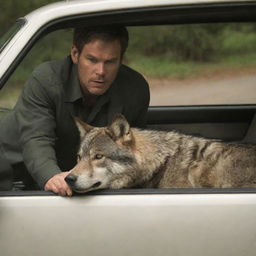 Dexter Morgan, the forensic expert, clandestinely observing a hybrid wolf from the interior of a vehicle.