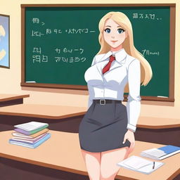 A European teacher with fair skin, blonde, long hair, dressed in a professional outfit