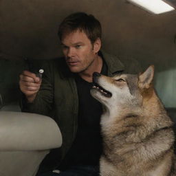 Dexter Morgan, the forensic expert, clandestinely observing a hybrid wolf from the interior of a vehicle.