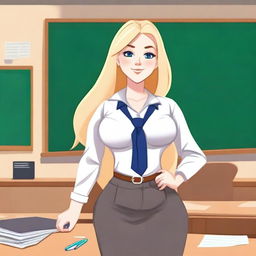 A European teacher with fair skin, blonde, long hair, dressed in a professional outfit