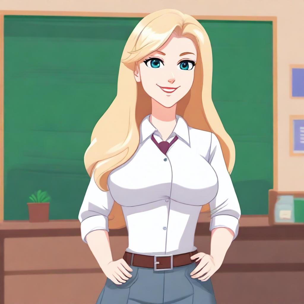 A European teacher with fair skin, blonde, long hair, dressed in a professional outfit