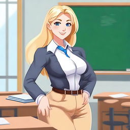 A European teacher with fair skin, blonde, long hair, dressed in a professional outfit