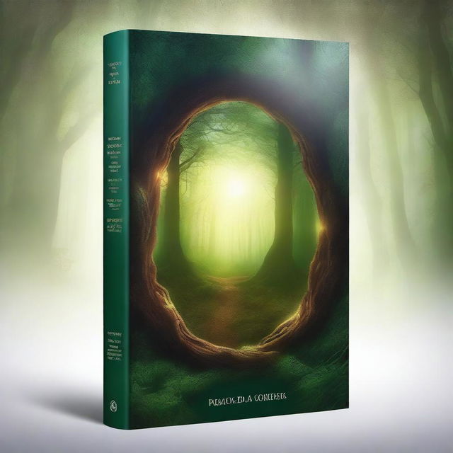 Create a captivating book cover featuring a mysterious forest with an ancient, glowing portal in the center