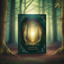 Create a captivating book cover featuring a mysterious forest with an ancient, glowing portal in the center